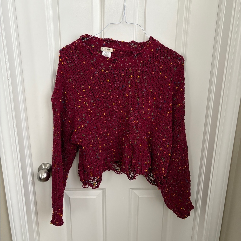 Main Strip Distressed Cropped Confetti Girly Knit Sweater Valentine’s Day - Picture 2 of 4